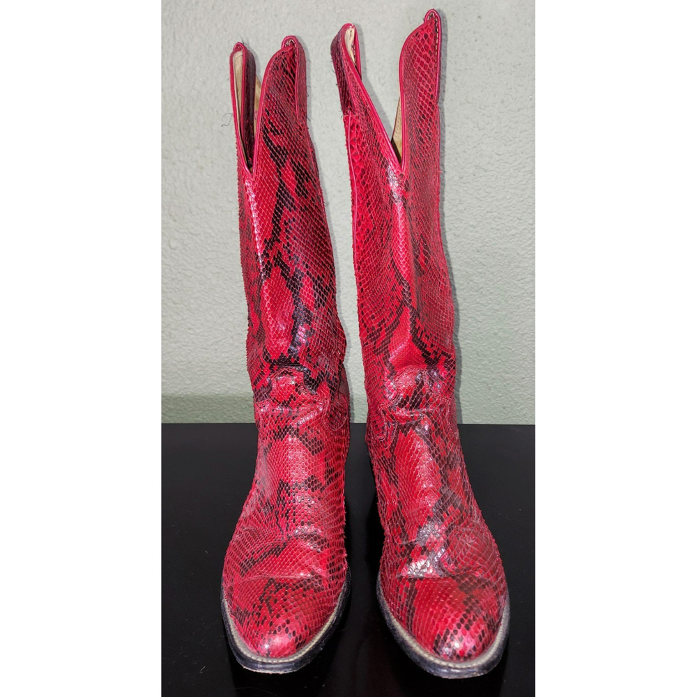 Vintage Justin Red Snakeskin Calf High Western Boots Women's Size 7.5 Style10224